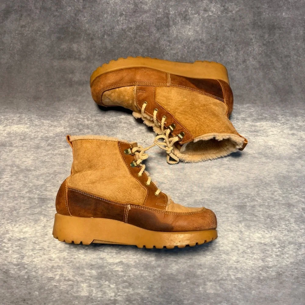VTG 70s Dexter Women Brown Leather Suede Shearling Lined Lace Up Winter Boots 7M